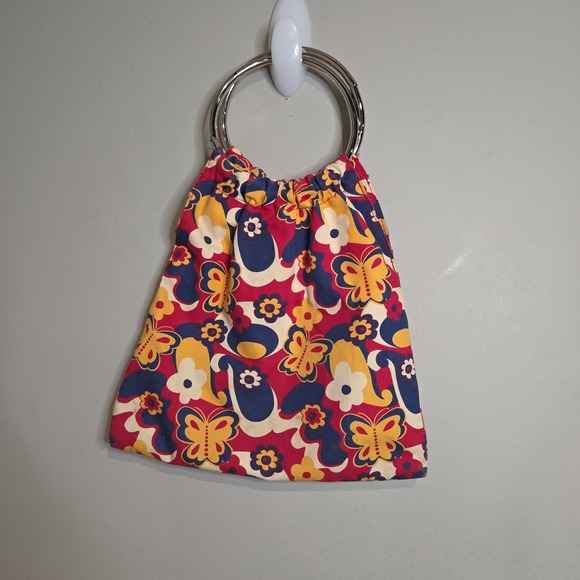The Unbranded Brand Handbags - Vintage Floral Butterfly Ring Handle Handbag Retro Canvas Tote Bag Red Blue Gold
